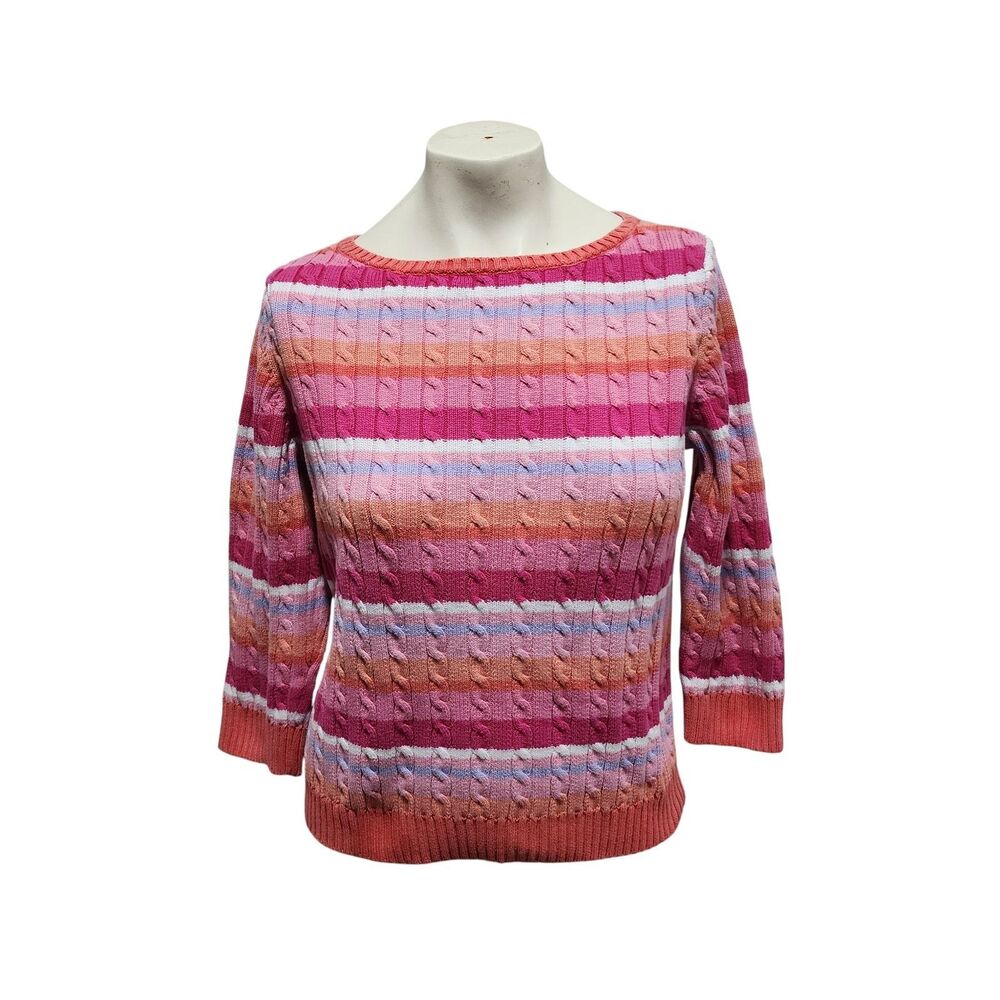 Lauren Ralph Lauren Cable Knit‎ Sweater L Pink Striped Preppy Cozy Cotton